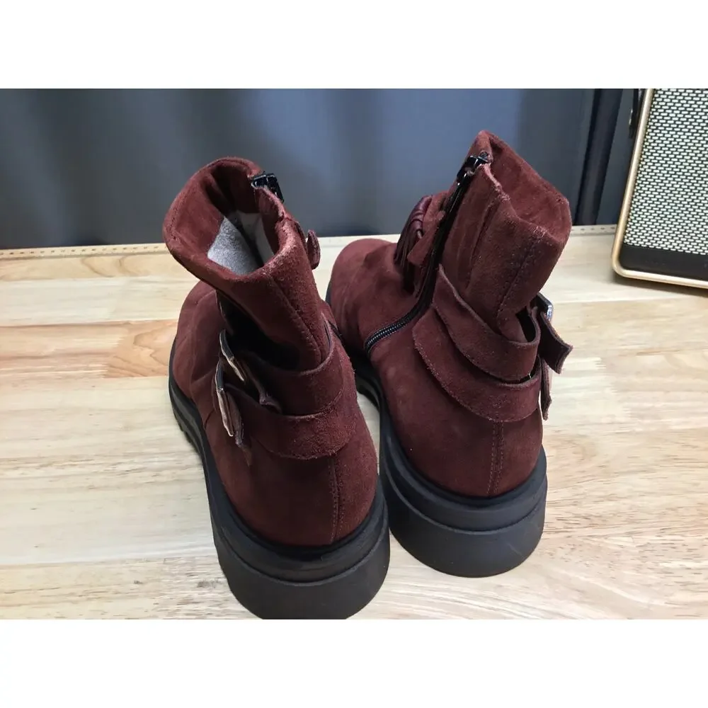 Miz Mooz Finley Women's 11.5 Maroon Suede Side Zip Classic Round Toe Ankle Boots